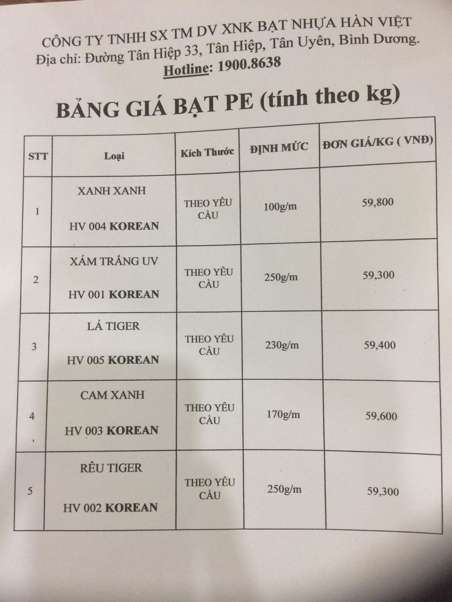 Bảng báo giá bạt nhựa pe Hàn Việt